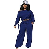 TOPSRANI Womens 2 Piece Outfits Casual Solid Sweatsuits Baggy Long Sleeve Loose Matching Wide Leg Tracksuit Pants Sets