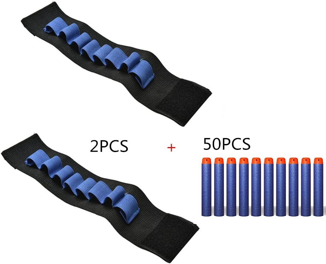 COSORO 2pcs Bandolier Wrist Hand Strap + 50pcs 7.2cm Blue Soft Foam Refill Darts Bullet for Nerf N-Strike Blasters Toy Gun