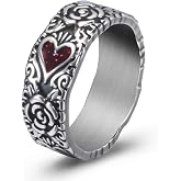 ELFASIO Vintage Silver Gothic Heart Rose Ring for Women, Red Enamel Statement Rings Cocktail Party Goth Y2K Punk Rock Jewelry