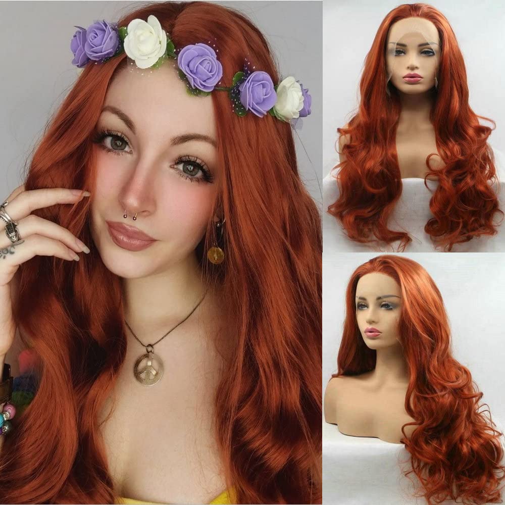 Copper Red Synthetic Lace Front Wigs for Women Long Wavy Synthetic Wigs with Free Parting Replacement Wigs Heat Resistant for Cosplay Daily Wear 26''