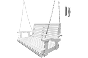 FORTUNE CANDY Wooden Porch Swing 2-Seater, Bench Swing with Cupholders, Hanging Chains and 7mm Springs, Heavy Duty 800 LBS, for Outdoor Patio Garden Yard (White)