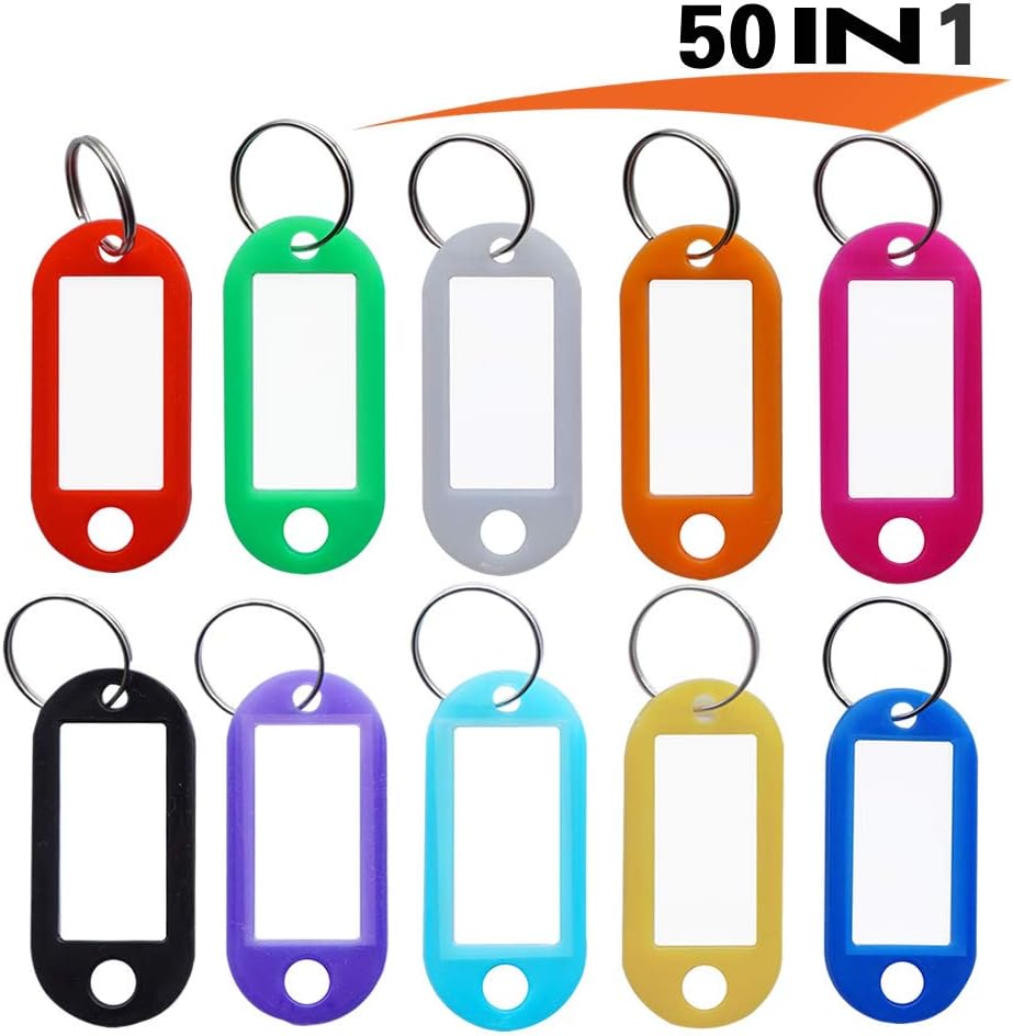TECKMAN Key Tags with Ring,50 Pack ID Tags for Keychain, Men, Kids,Pet,Luggage & Bag with Label Window-10 Different Assorted Colors