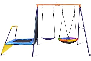 Lunafun Swing Set for Backyard with Trampoline 440lbs with Heavy-Duty Metal A-Frame Outdoor Swing Set with 1 Saucer Swing Seat 1 Swings Seat & 1 Trampoline