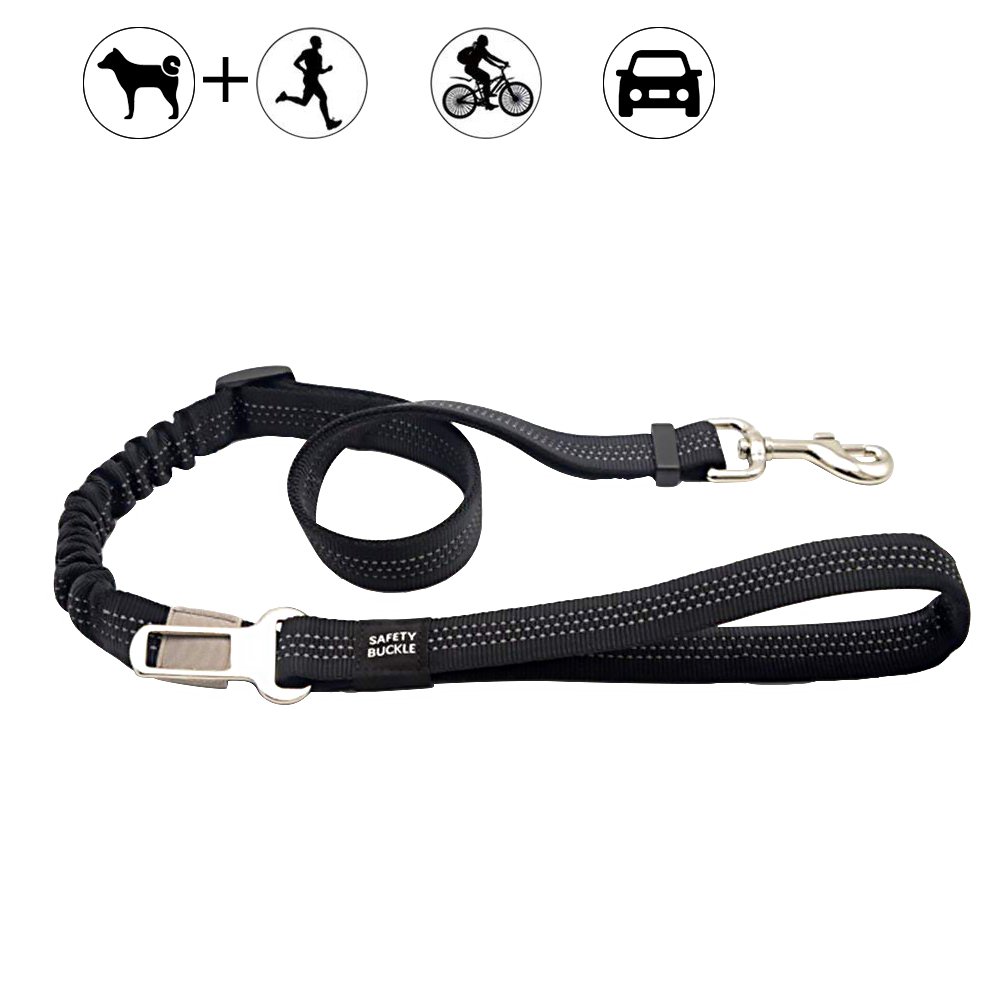 Dog Leash Adjustable Length - Reflective Nylon Webbing- High Elasticity Retractable Indestructible Dog Leash with Car Seat Belt Clip for Large & Medium Dogs Training, Walking and Car Travel (black)