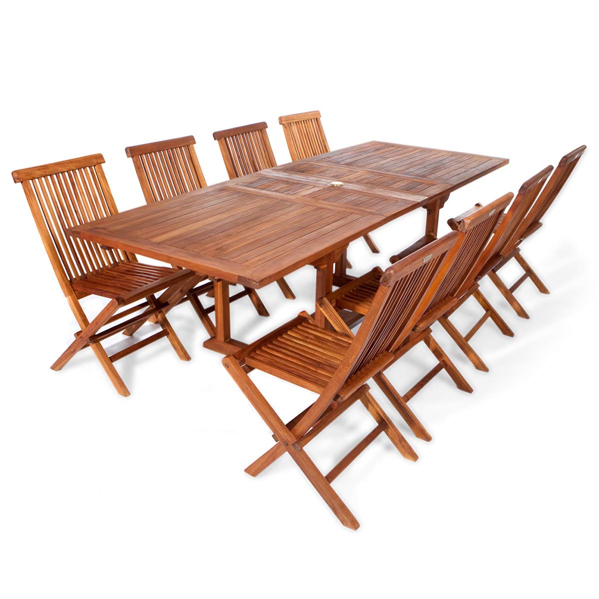 All Things Cedar TE90-22 Teak Rectangular Extension Patio Table with Folding Chairs Set, 9-Piece