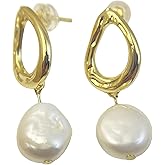 LOAMEY 14K GOLD PLATED Natural Freshwater Baroque Pearl Dangle Drop Earrings for Women