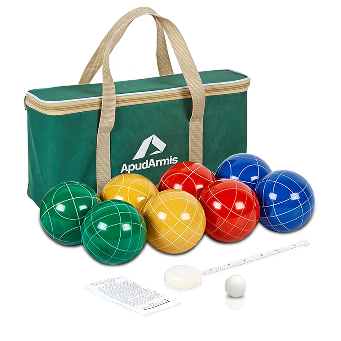 ApudArmis Bocce Balls Set, Outdoor Family Bocce Game for Backyard/Lawn/Beach - Set of 8 Poly-Resin Balls & 1 Pallino & Nylon Carrying Case & Measuring Rope (90mm)