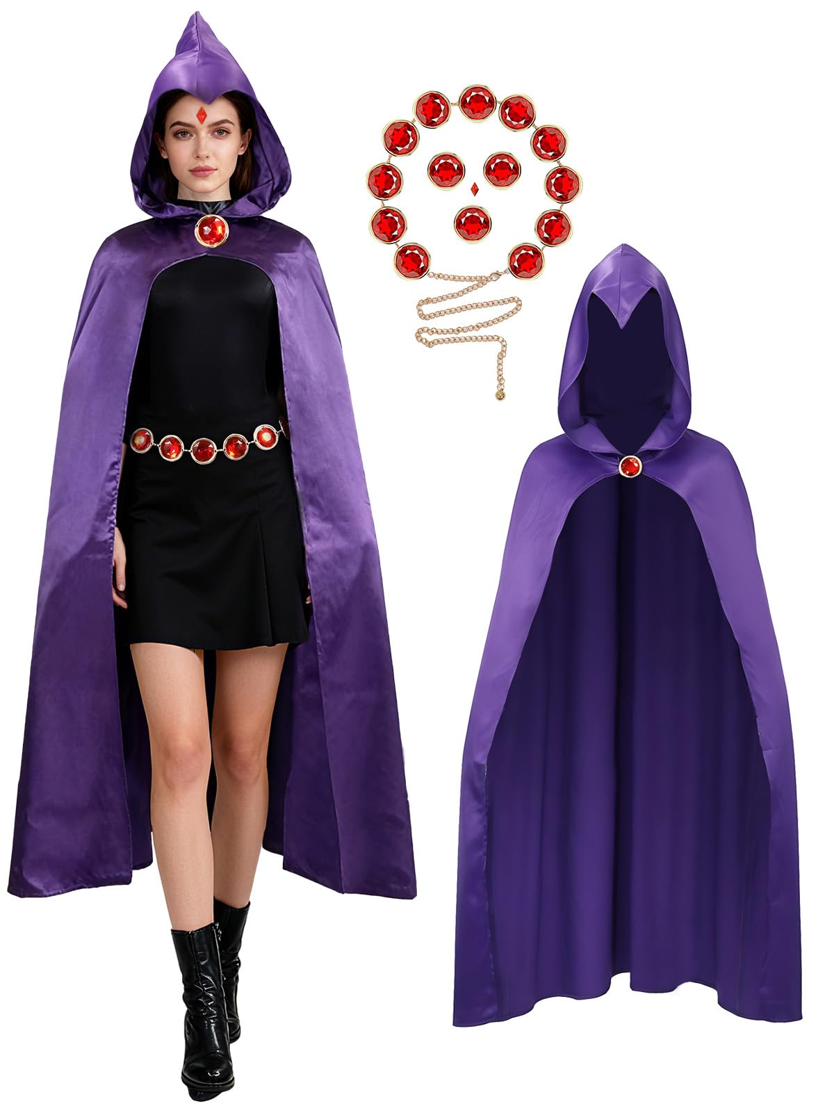 Photo 1 of ** NO HOOD**
brableewear Raven Costume for Women Purple Hooded Raven Cape Cloak with Red Gem Waist Belt Halloween Dress up
