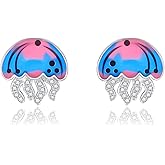 Cute Jellyfish Earrings for Women - 925 Sterling Silver Ocean Animal Stud Earring for Birthday Colorful Ocean Gifts for Jellyfish Lovers Beach Themed Jewelry for Vacation