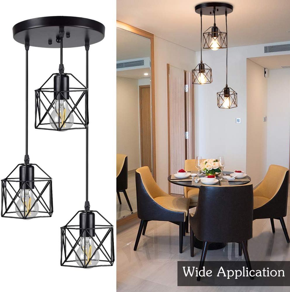 DLLT Vintage Pendant Light, Adjustable Mini Hanging Pedant Lights Fixture with 3-Light Cage Shade, Flush Mount Ceiling Swag Lighting for Kitchen/Dining Room/Hallway/Bedroom, E26 Base (Black) - - 