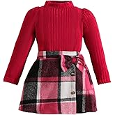 Axumity Toddler Kid Girls Plaid Outfits Girls Long Sleeve Knit Ribbed Shirt Tops Plaid Skirt Set Fall Winter Clothes