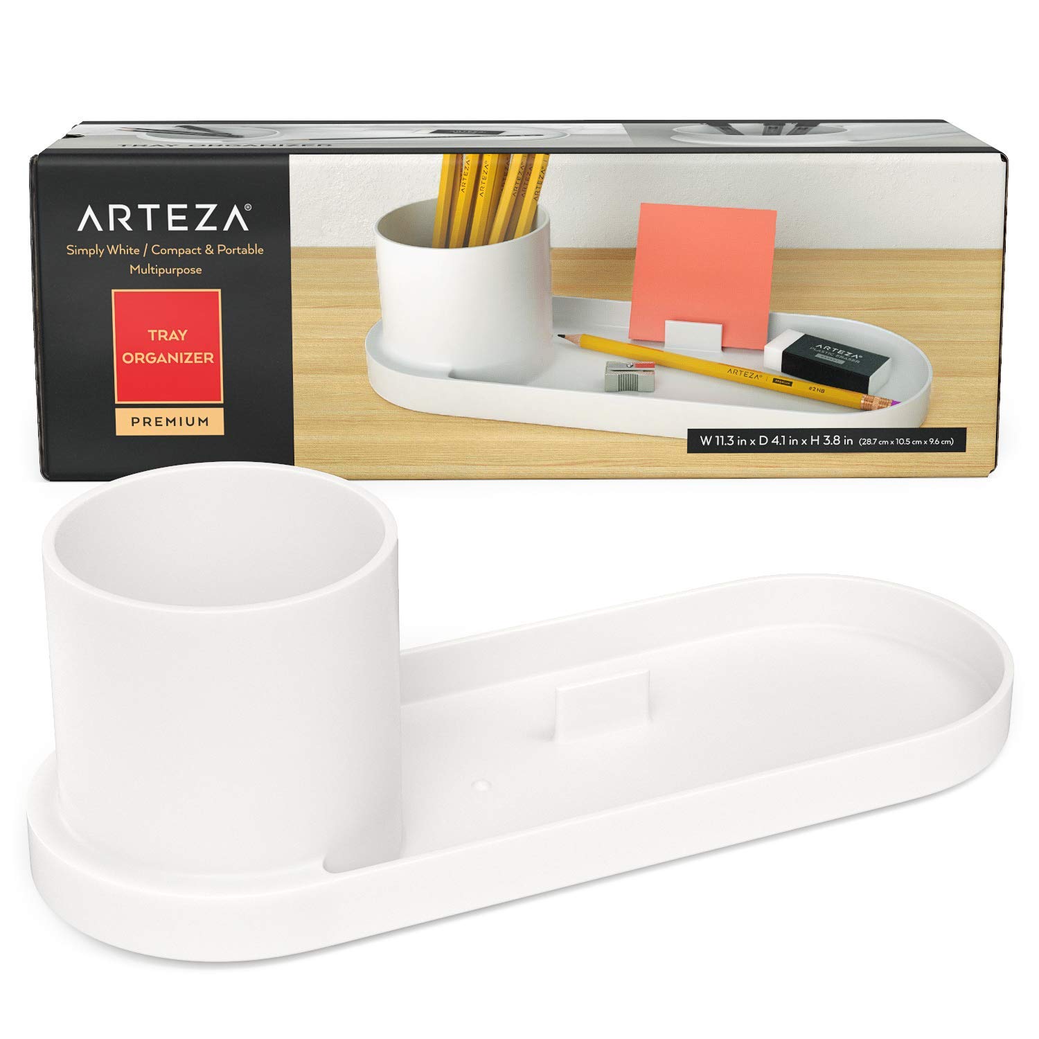 ARTEZA Desk Organiser, 28.7 x 10.5 x 9.6 cm, Modern Ivory Pen Holder with Phone Compartment, Desk Accessory for Stationery and Art Supplies