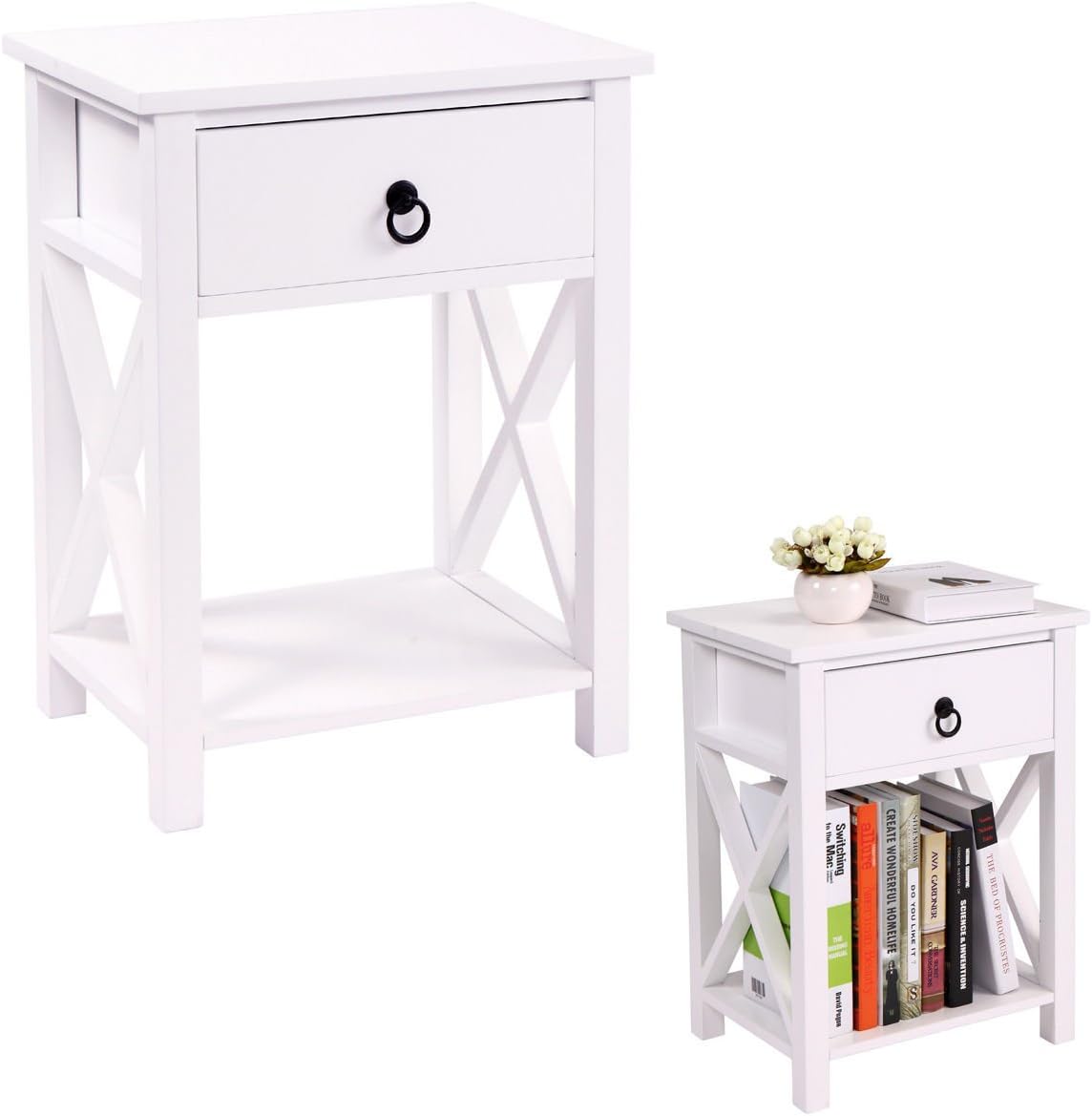 White Finish Nightstand Side End Table With Drawer And Bottom Shelf 28 H By Raamzo Home Kitchen Nightstands