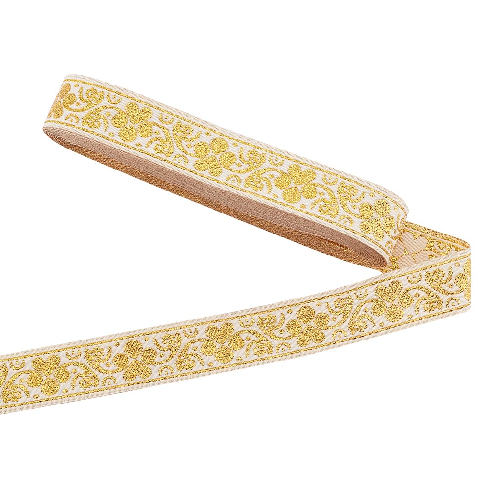PH PandaHall 2cm Wide Gold Jacquard Ribbon Edge Woven Braid Trim Ethnic Embroidery Jacquard Trim Vintage Flowers Straps Boho Fabric for Sewing, Curtain Slipcover DIY Clothing Decoration, 7m
