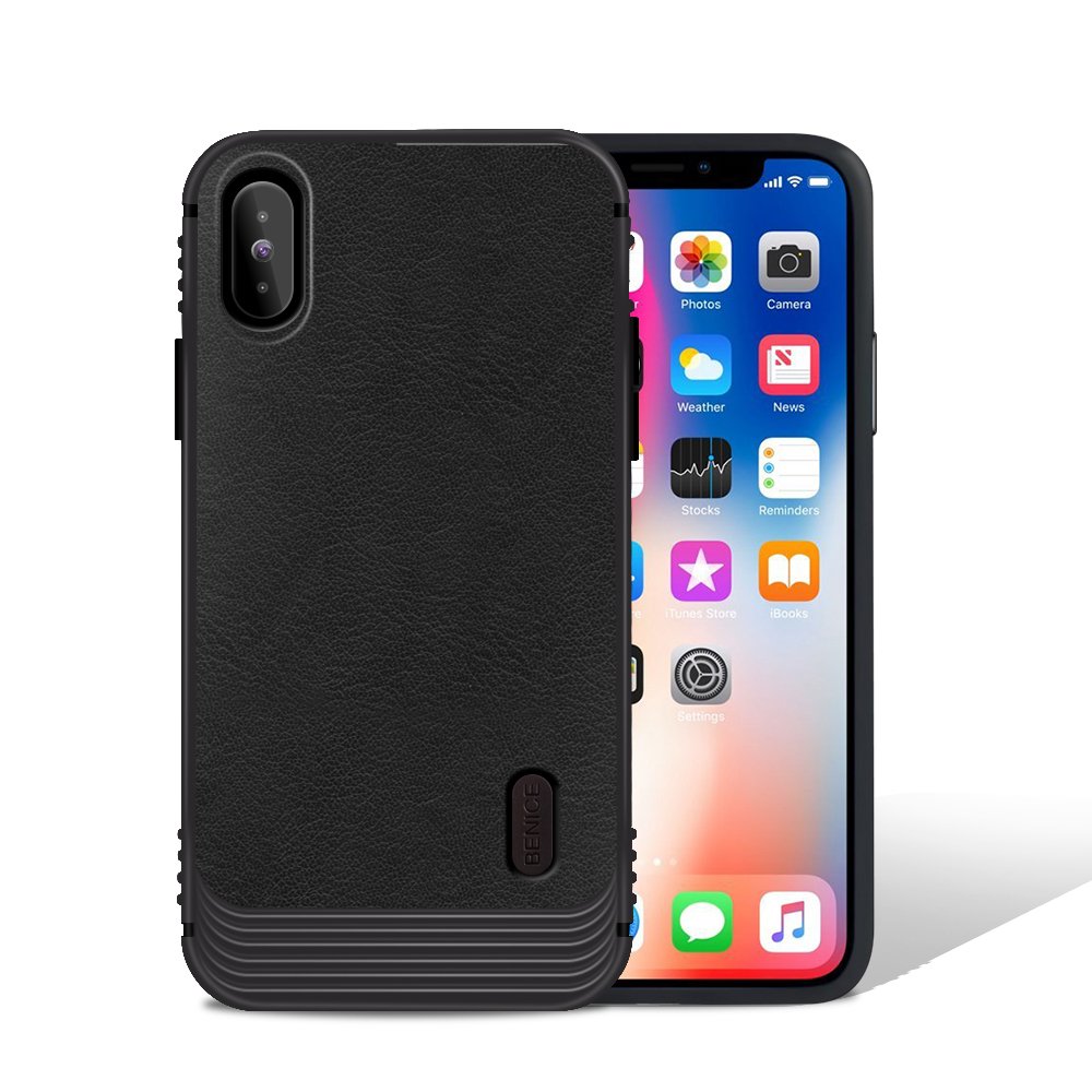 iPhone X case, MagicSky Ultra Slim Premium PU Leather Shock-absorbing Protective Bumper Case Cover with Built-in Nickel Metal Plate work with Universal Magnetic Phone Car Mount Holder - Black