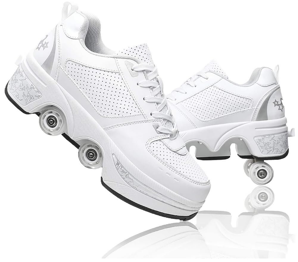 Roller Shoes, Shoes with Wheels Roller Skates Girls Men, Skateboard Shoes Comfortable and Breathable Quad Skates Adjustable Roller Skates Hidden Wheel Trainers with Wheels, White silver, 41 EU
