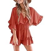 Valphsio Womens V Neck Beach Romper Ruffle Layered Drawstring Waisted Shorts Jumpsuit