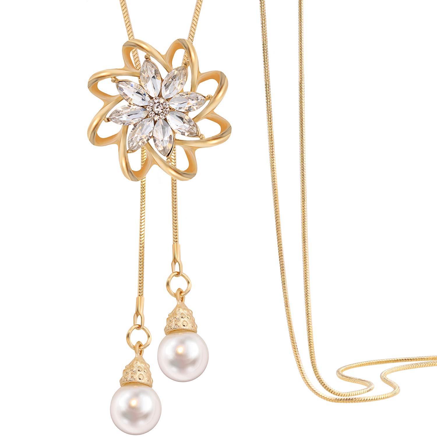 Gleamart Gold Crystal Pearl Pendant Necklace Long Sweater Chain