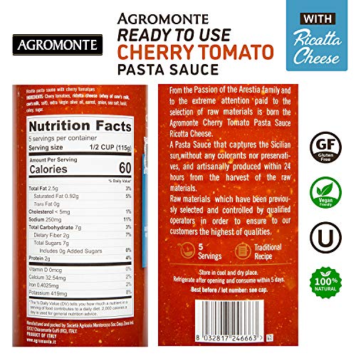 Agromonte Authentic Italian Cherry Tomato Pasta Sauce (Ricotta Cheese)- Taste of Italy Gourmet Foodie and Chef Gift - Certified Kosher, Gluten-Free, All Natural 20.46oz (2 pack)