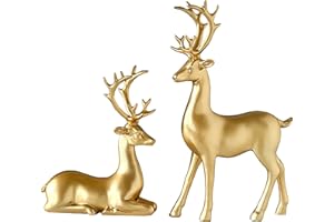 FANTESTICRYAN 2pcs Reindeer Sculpture Gold Resin Christmas Elk Statues Home Office Decorative Displays for Living Room, Bedroom, Bathroom, Bookshelf, Desktop, Cabinets (Golden Large)