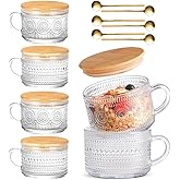 Vintage Glass Coffee Mugs Set of 6, Overnight Oats Cups with Spoons and Bamboo Lids, 14oz Clear Embossed Tea Cups Bamboo Tea Cups, Ideal Coffee Bar Accessories Hosewarming Gifts for Women
