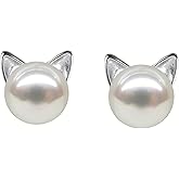 Small Mini Cat Earrings, Hypoallergenic Cute Pearl Stud Earrings for Women, Silver