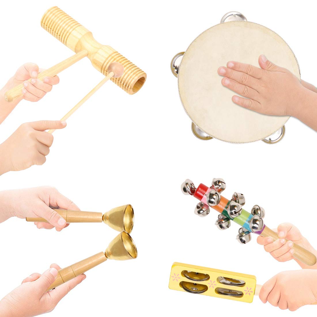 Set Strumenti Musicali In Legno Kindsgut Per Bambini - Chitarra, Sonagli E Tamburello, Colori Tenui