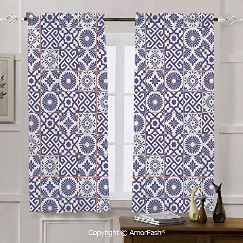 Amorfash Moroccan Printed Semi Sheer Curtains Rod Pocket Curtains