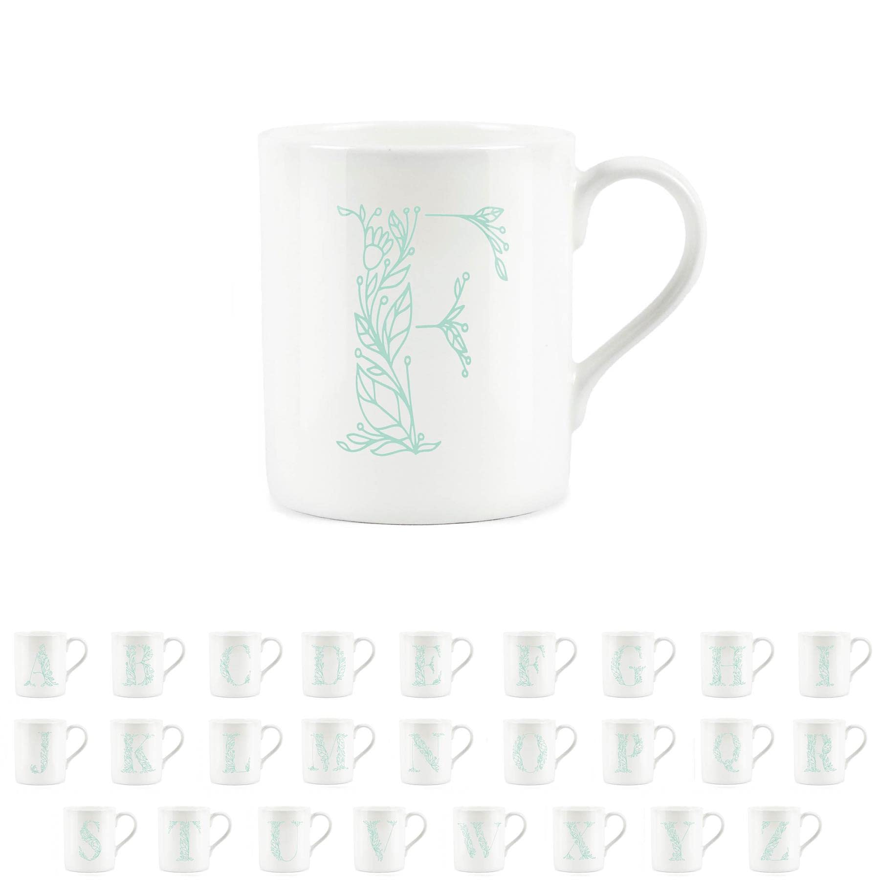 Purely Home Floral Green Letter F Mug - Fine Bone China Small Coffee Tea Mug Present Personalised Initial Gift