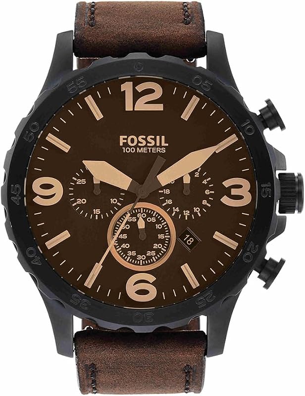 Orologio Nate da uomo, movimento cronografo al quarzo, cassa 50 mm in acciaio inossidabile nero con cinturino in vera pelle, JR1487, Marrone