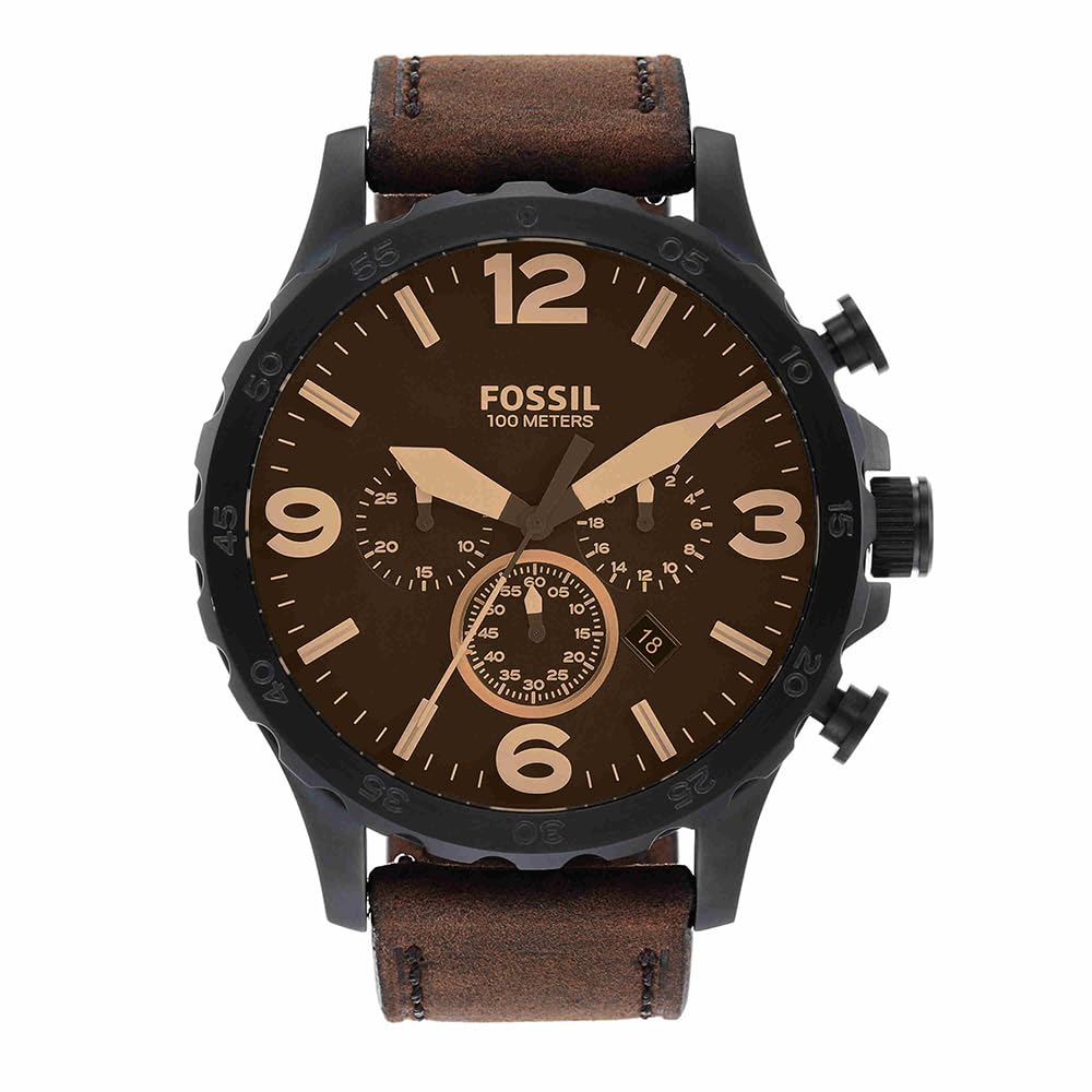 Fossil Nate Men's Quartz Watch with Black Dial and Brown Leather Strap JR1487