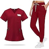 VIAOLI Scrubs for Women Set V-Neck Top and 8 Pocket Jogger Scrub Pant - Medical Uniform Nursing Scrub Set