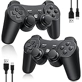OKHAHA Controller 2 Pack for PS3 Wireless Controller for Sony Playstation 3, Double Shock 3, Bluetooth, Rechargeable, Motion Sensor, Remote for PS3 (No Stripes(Black + Black))