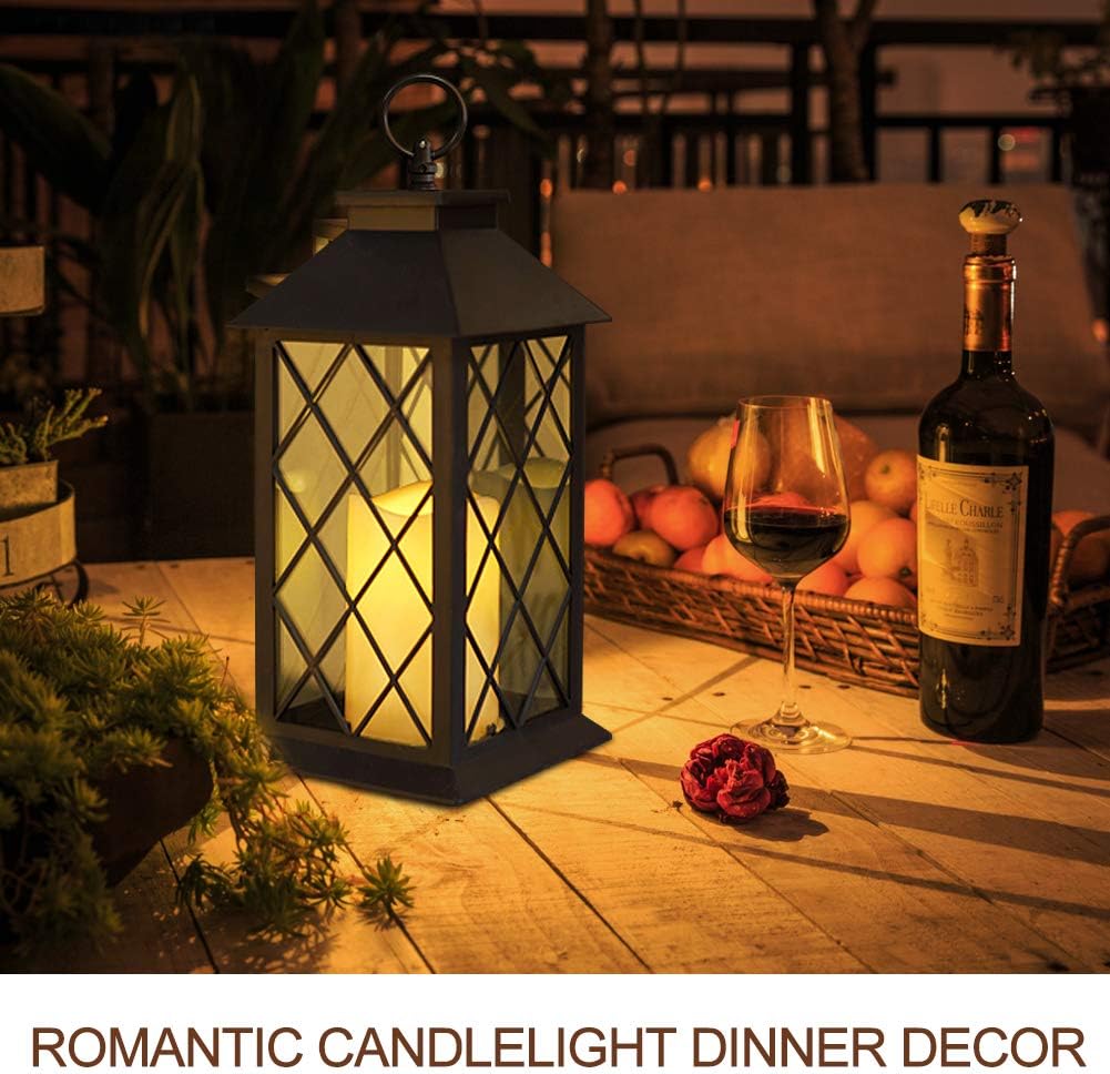Bright Zeal 2-Pack 14" Vintage Candle Lantern With LED Flickering Flameless Candle (Black, 6hr Timer) - Battery Powered Candle Lantern Outdoor - Decorative Hanging Lantern For Patio - Tabletop Lantern: Home & Kitchen