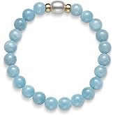Belacqua Natural Green Jade or Milkly Blue Aquamarine and Freshwater Pearl Stretch Bracelet in 14K Yellow Gold Beads, Length 6.5 to 8.5 Inches, Jewelry for Women, Gift Box Included