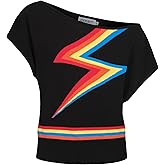 OXKNIT Knit Off The Shoulder T-Shirt for Women, Retro Colorful Lightning Pattern Ribbed Tops Tee Shirts- Short Size