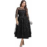 Womens Plus Size 3D Posy Floral Fall Dress 3/4 Sleeve Wedding Guest Cocktail Formal Party Ball Gown Midi Dress
