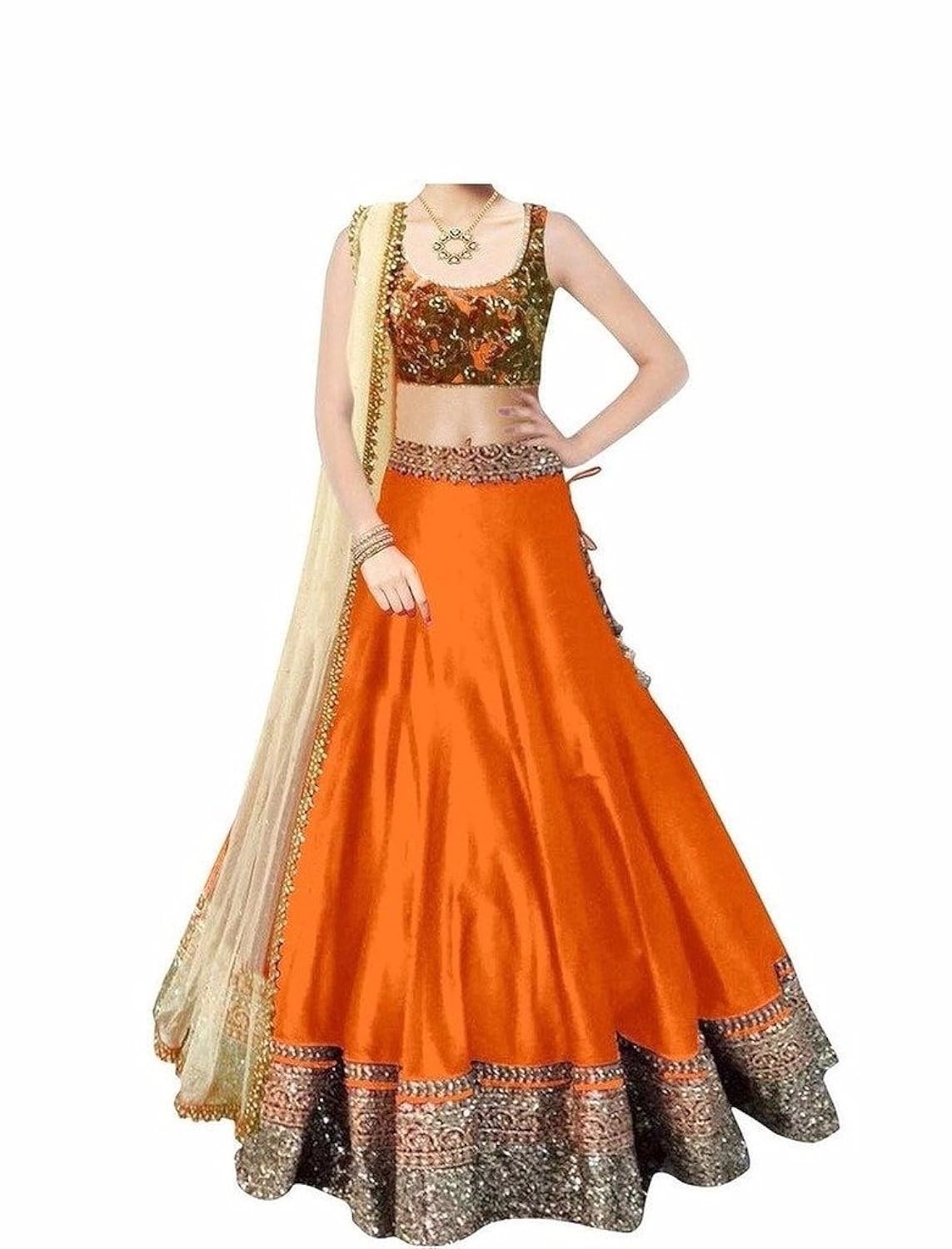 d h creation women's orange embroidered benglory silk semi stitched lehenga choli