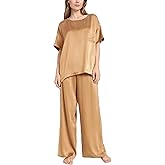 Women's Silk Satin Pajama Sets 2 Piece Short Sleeve with Long Pajama Pant Silky Sleepwear Lounge Set