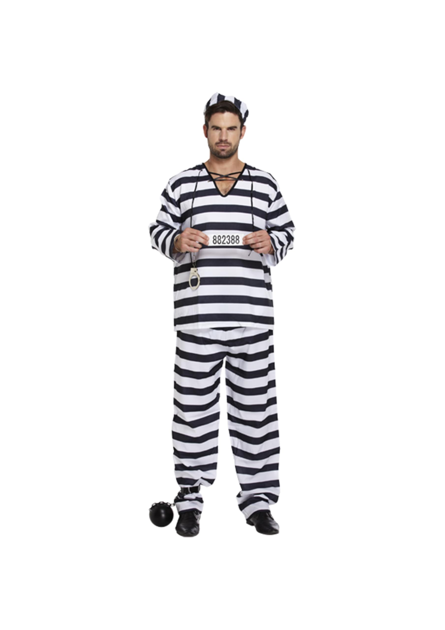 HENBRANDT Adult Men’s Black and White Prison Uniform with Hat Fancy Dress Costume Convict 3-Piece Prisoner Outfit Striped Jail Break Dress Up Outfit One Size Mens Fancy Dress Costume