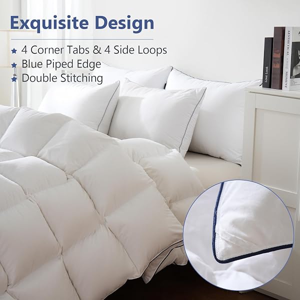 DOWNCOOL OVERSIZED QUEEN FEATHER DOWN FIBER COMFORTER, 100% COTTON COVER ULTRA SOFT FLUFFY DUVET INSERT, ALL SEASON HOTEL STYLE BEDDING COMFORTERS WITH CORNER TABS, WHITE 98″X98″