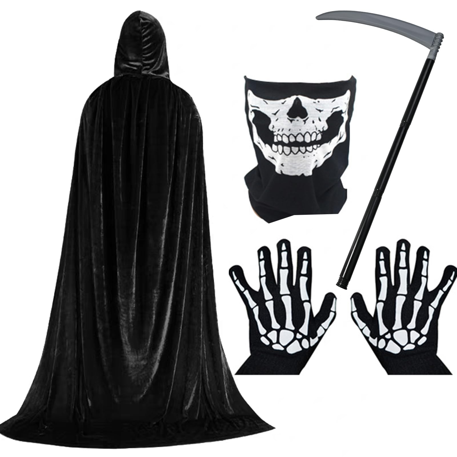 Faburo Halloween Hooded Cloak Black Velvet Cloak Halloween Costumes + Scythe+Skull Mask+Skeleton Gloves Grim Reaper Vampire Party Costumes