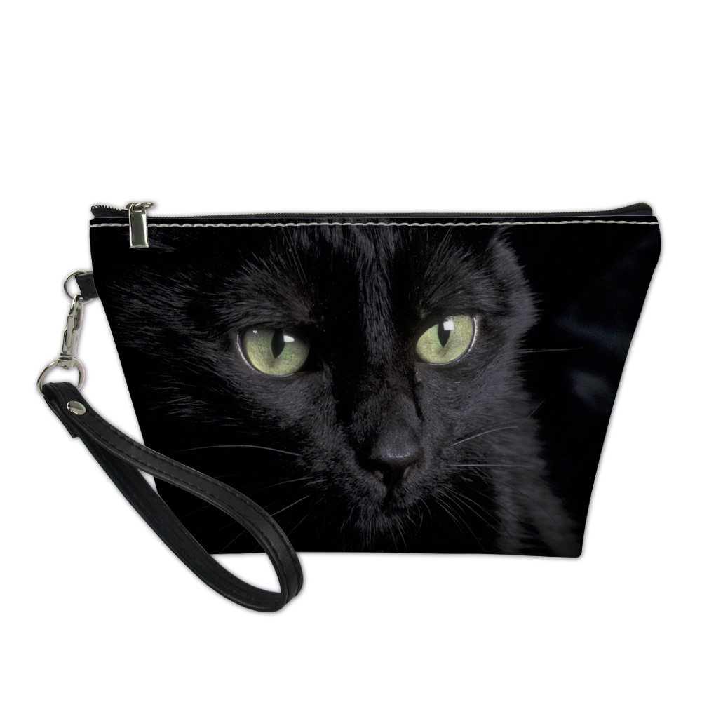 Showudesigns Black Cat Leather Makeup Bag for Women Toiletry Kit Organizer Pouch with Zipper