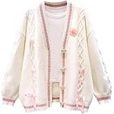 FindThy Women’s Cute Sweet Cardigan Sweater Kawaii Love Button Long Sleeve V-Neck Bowknot Knitted Outerwear