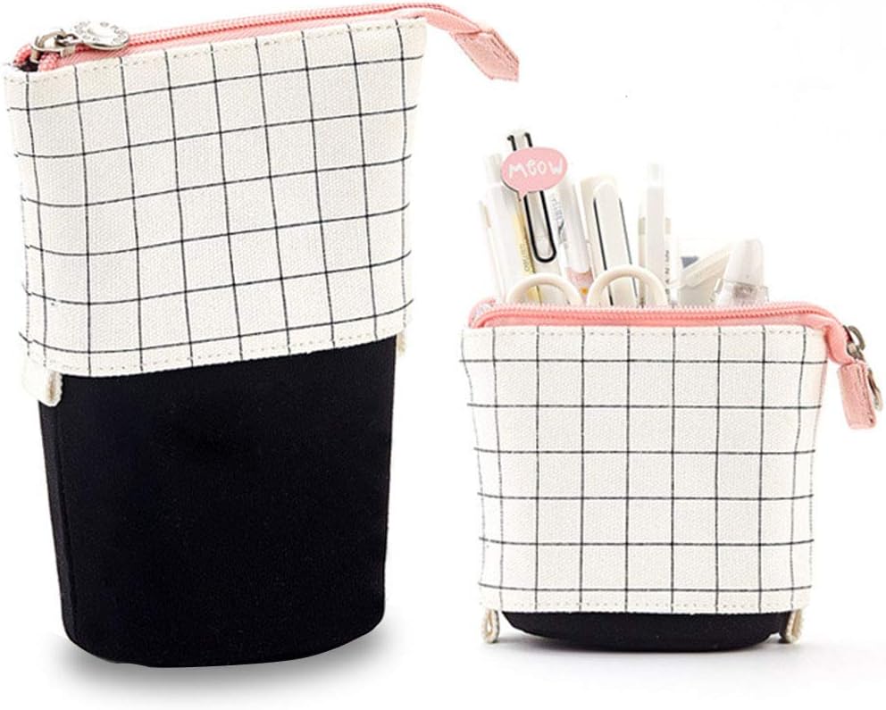 LEUYUAN Telescopic Pencil Pouch Bag Case, Transformer Stand Store Pencil Holder Canvas Cartoon Stationery Organizer with Zipper Closure