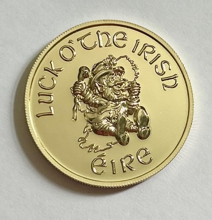 Lucky Irish Coin - Gold, Silver or Emerald Green Colour - 22g, 38mm Diameter, 3.5mm Thick, Leprechaun, Shamrock, Ireland Design (Gold)