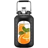 WINSA 100 oz Glass Water Bottles with Straw, 3 Liter Gallon Drinking Bottle with Handle, Large Glass Water Jug with Silicone Sleeve for Gym Sports,Wide Mouth,Black
