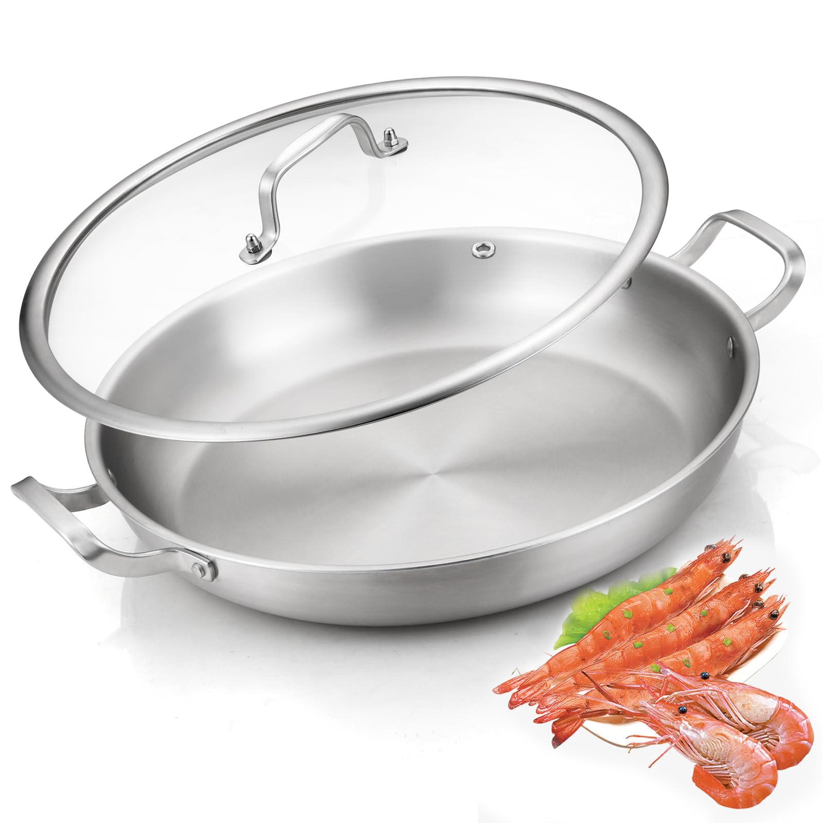 Photo 1 of Yeksum Tri-Ply Stainless Steel Paella Pan, 13.5 Inch Paella Pan with Lid, 8-10 Servings Compatible with All Cooktops Up to 600?, 18/10 Large Skillet, Stainless Steel Paella Pan, for Outdoors, Parties