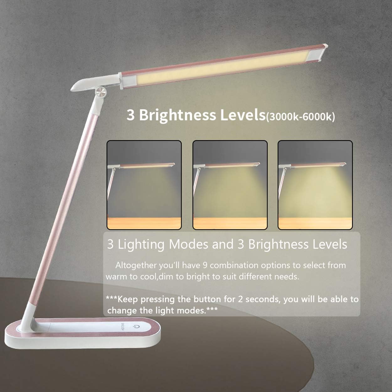 HDTIME Desk LED Lamp with USB Charging Port Touch-Sensitive Control 3 Lighting Modes with 3 Brightness Levels 32PCS LEDs for Study, Office and Home(Pink): Home Improvement