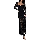 GORGLITTER Women's Lace Long Sleeve Prom Cocktail Birthday Dresses Gothic Y2K Fall Formal Dinner Goth Party Maxi Dress